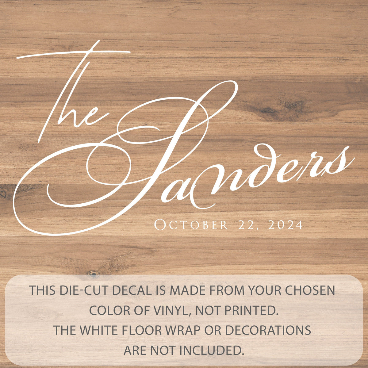 Whimsical Curl Monogram Dance Floor Decal for Wedding shown at a wedding reception