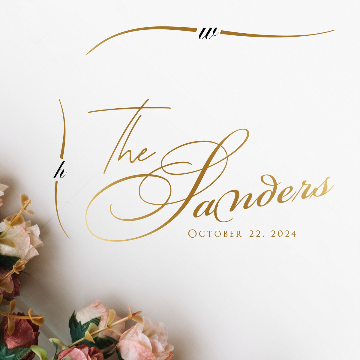 Whimsical Curl Monogram Dance Floor Decal for Wedding shown at a wedding reception