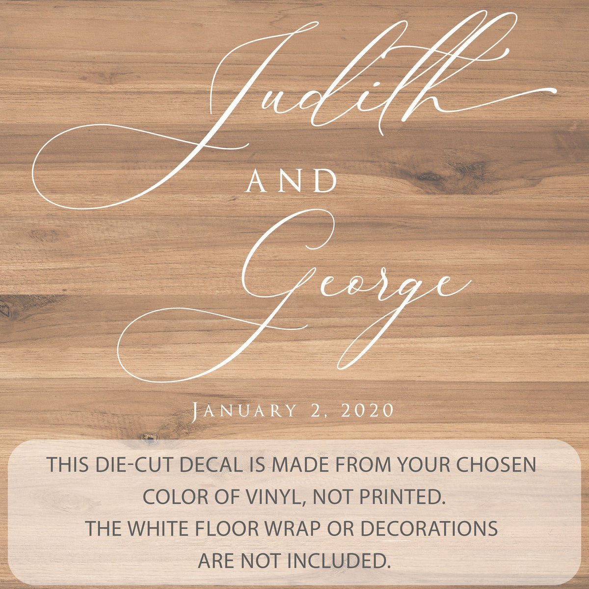 Flourished Calligraphy Dance Floor Decal for Wedding shown at a wedding reception