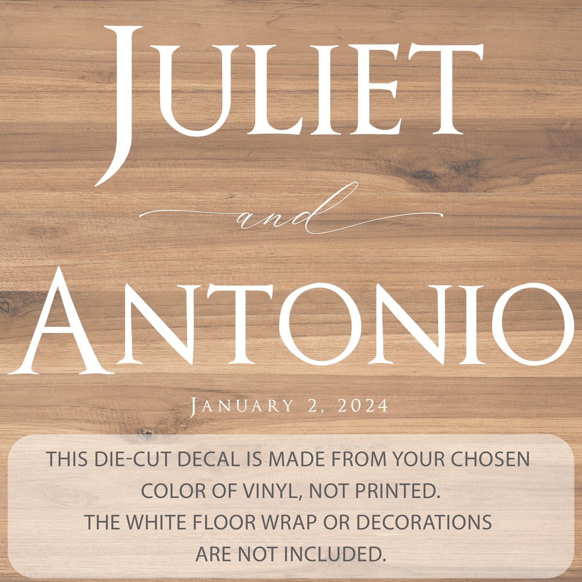 Grand Serif Names Dance Floor Decal for Wedding shown at a wedding reception