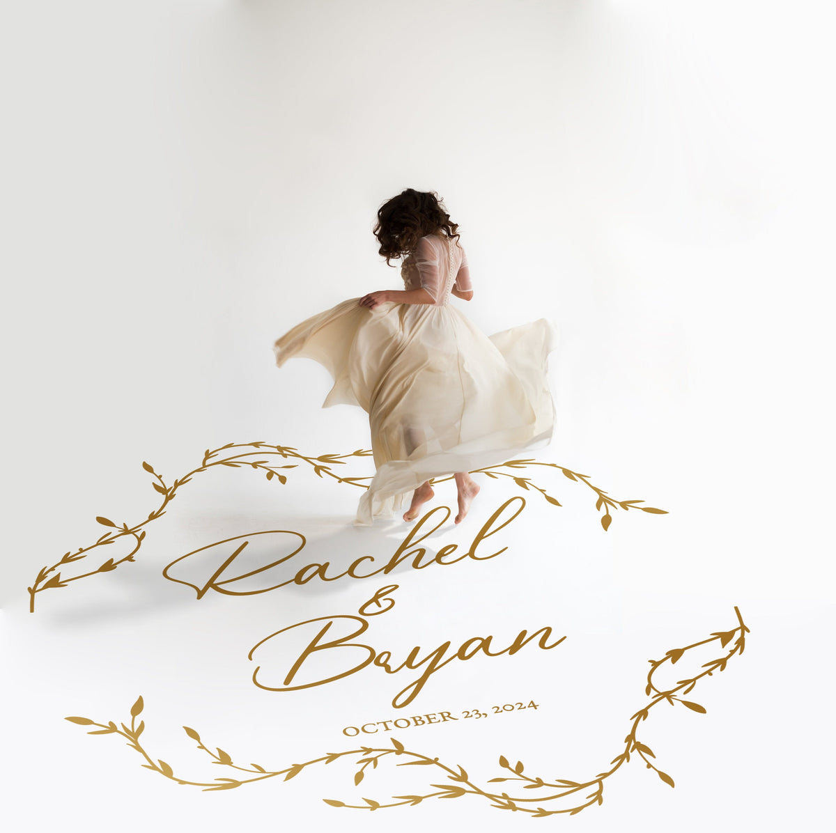 Trailing Willow Vine Dance Floor Decal for Wedding in gold on a white wedding dance floor