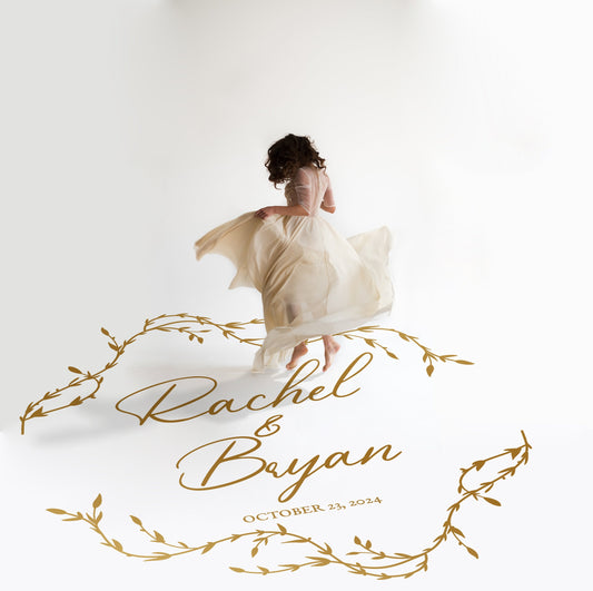 Trailing Willow Vine Dance Floor Decal for Wedding in gold on a white wedding dance floor