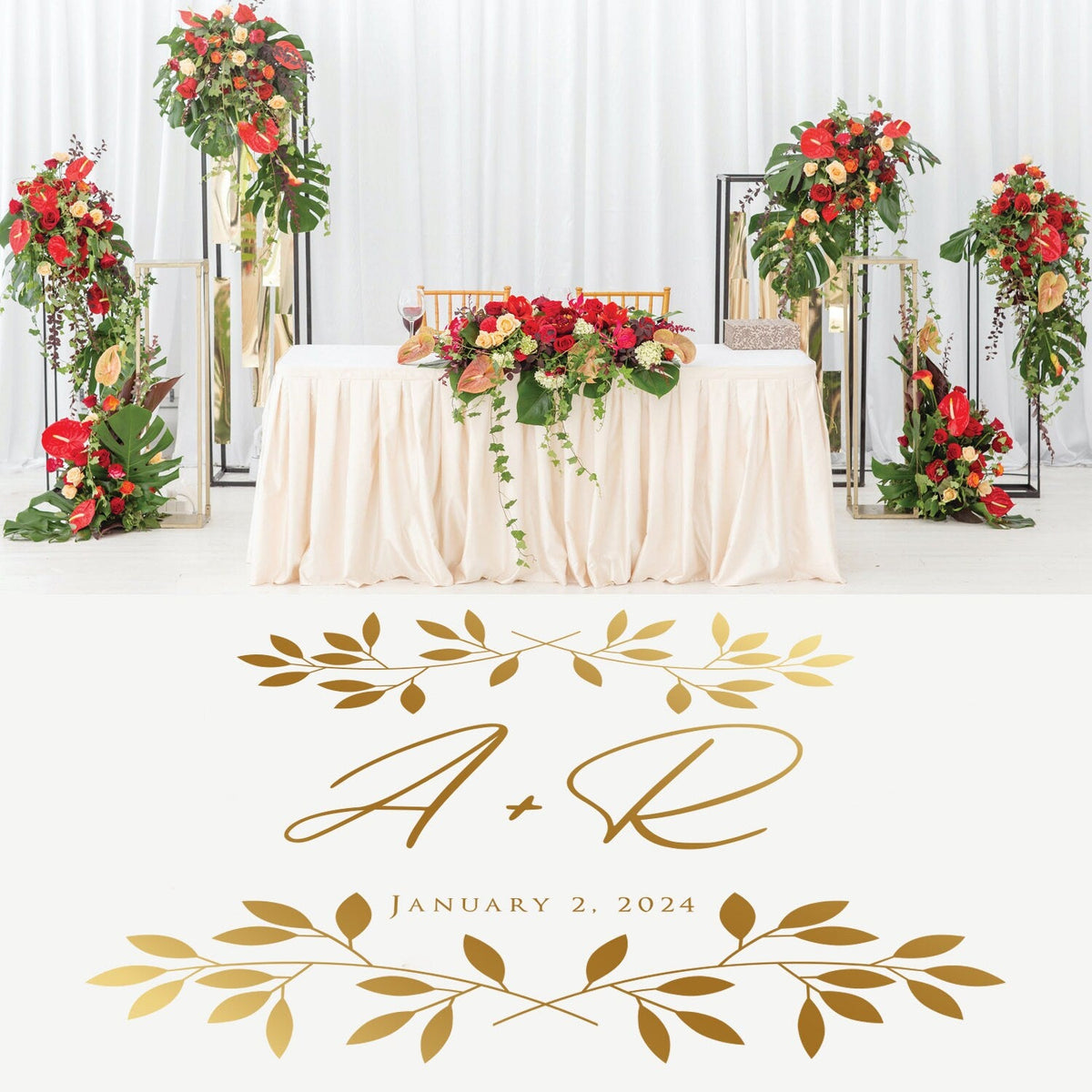 Crossed Leaf Spray Dance Floor Decal for Wedding shown at a wedding reception