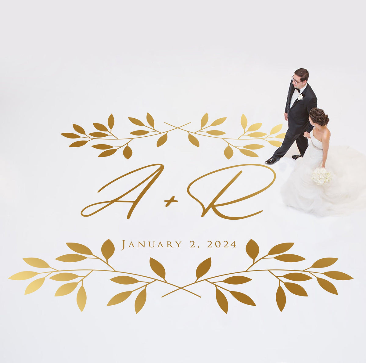 Crossed Leaf Spray Dance Floor Decal for Wedding shown at a wedding reception