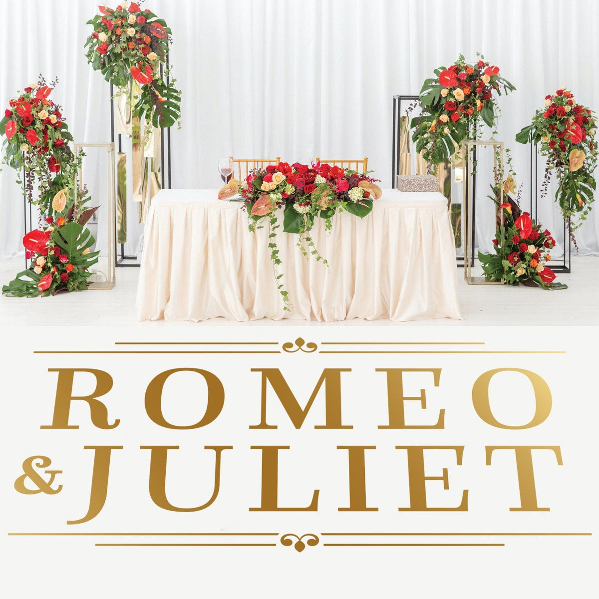 Editorial Serif Names Dance Floor Decal for Wedding shown at a wedding reception