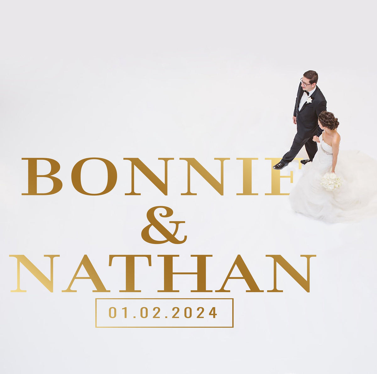 Bold Capital Names Dance Floor Decal for Wedding shown at a wedding reception