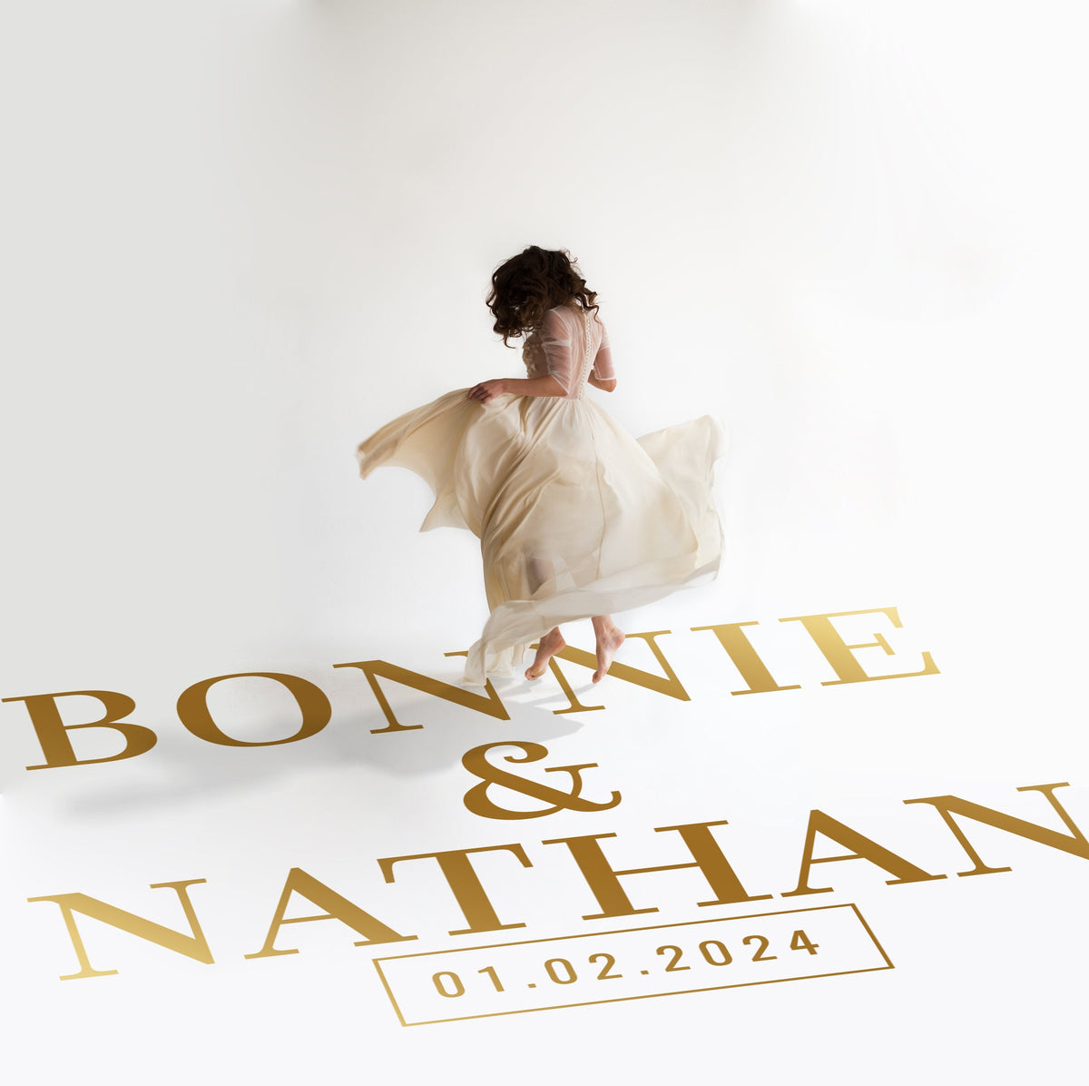 Bold Capital Names Dance Floor Decal for Wedding in gold on a white wedding dance floor