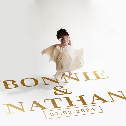 Bold Capital Names Dance Floor Decal for Wedding in gold on a white wedding dance floor