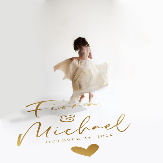 Airy Script Heart Dance Floor Decal for Wedding in gold on a white wedding dance floor