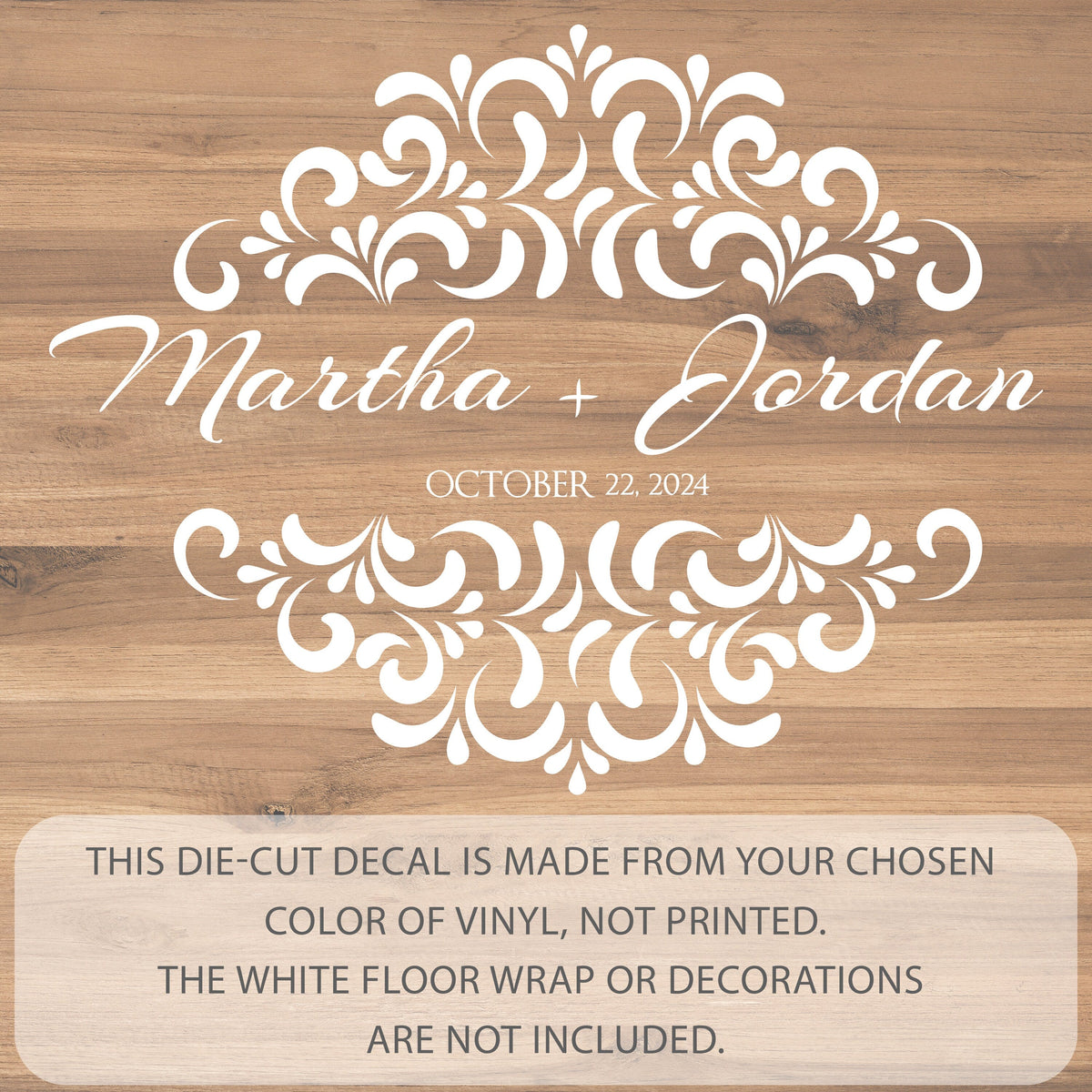 Ornamental Crest Names Dance Floor Decal for Wedding shown at a wedding reception