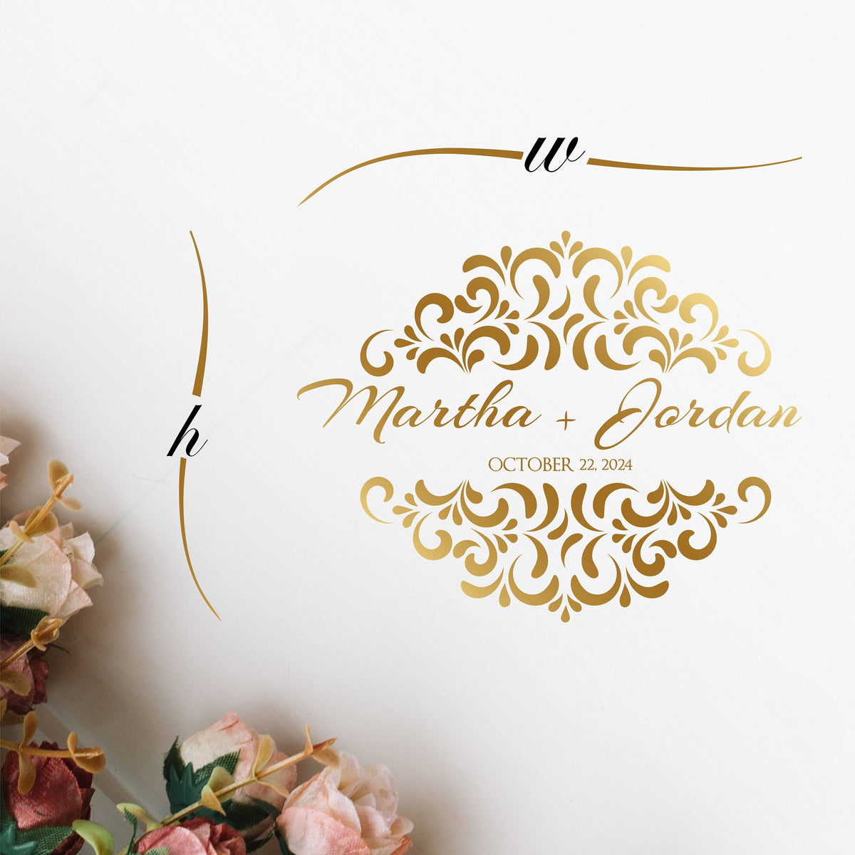 Ornamental Crest Names Dance Floor Decal for Wedding shown at a wedding reception