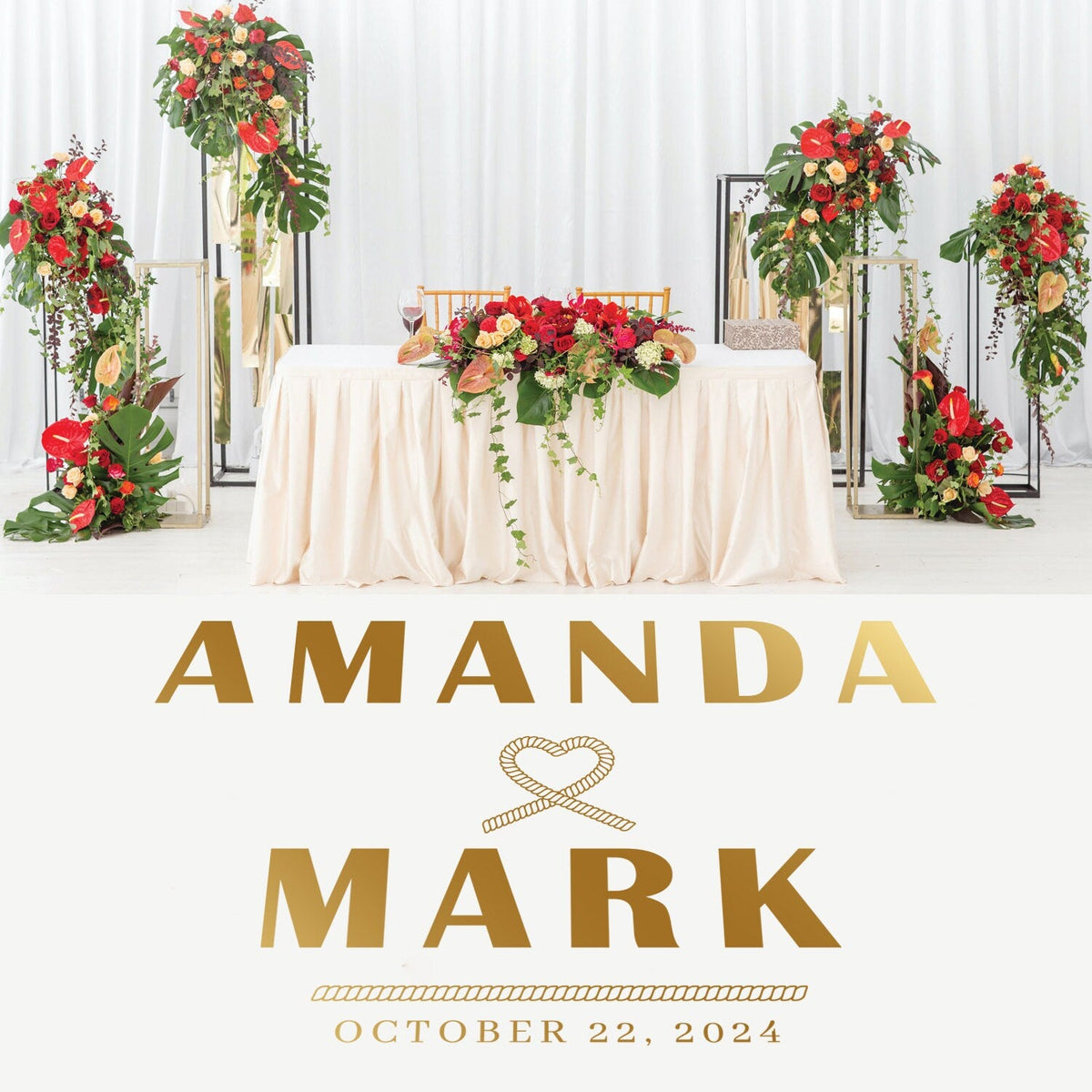 Tie the Knot Rope Heart Dance Floor Decal for Wedding shown at a wedding reception