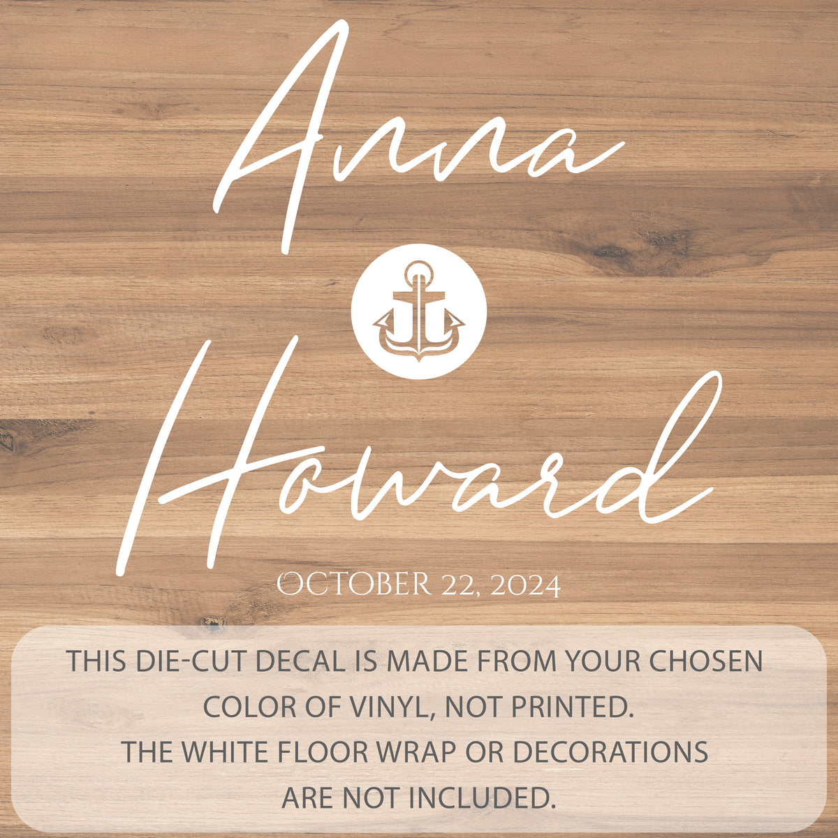 Anchor Seal Script Dance Floor Decal for Wedding shown at a wedding reception