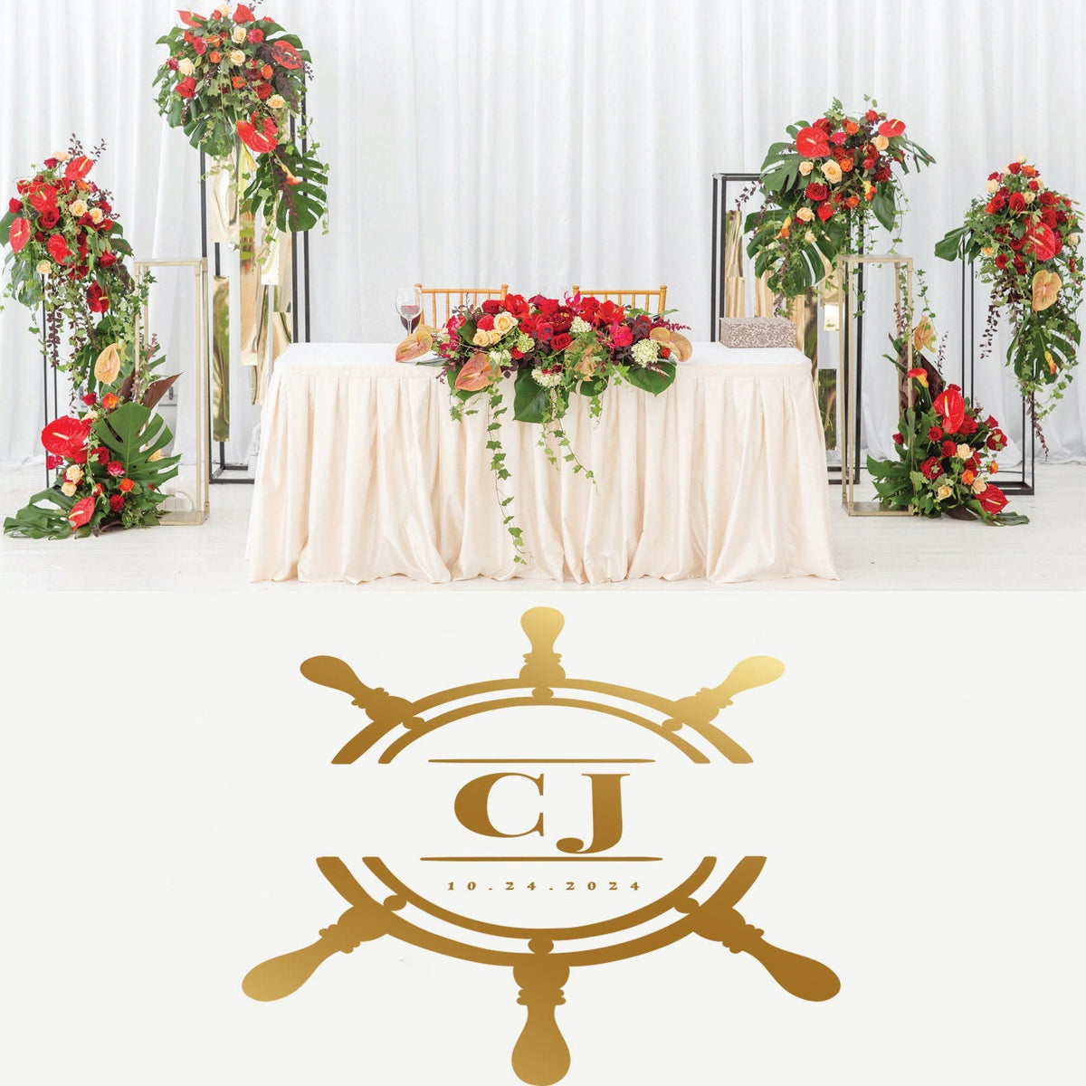 Ship Wheel Monogram Dance Floor Decal for Wedding shown at a wedding reception