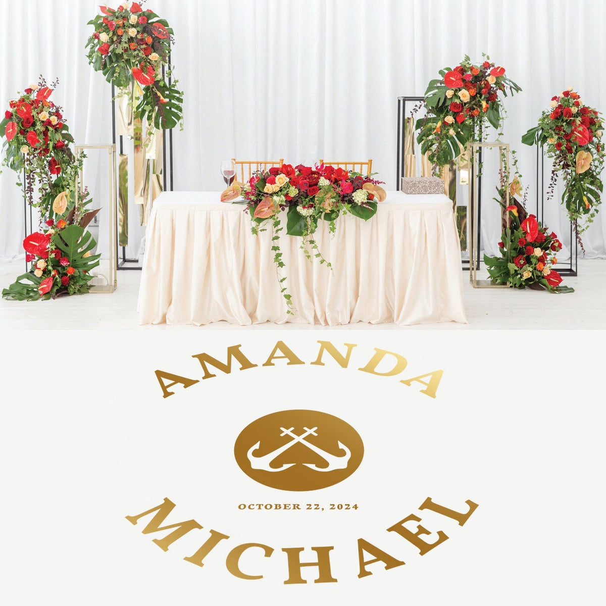 Nautical Anchor Names Dance Floor Decal for Wedding shown at a wedding reception