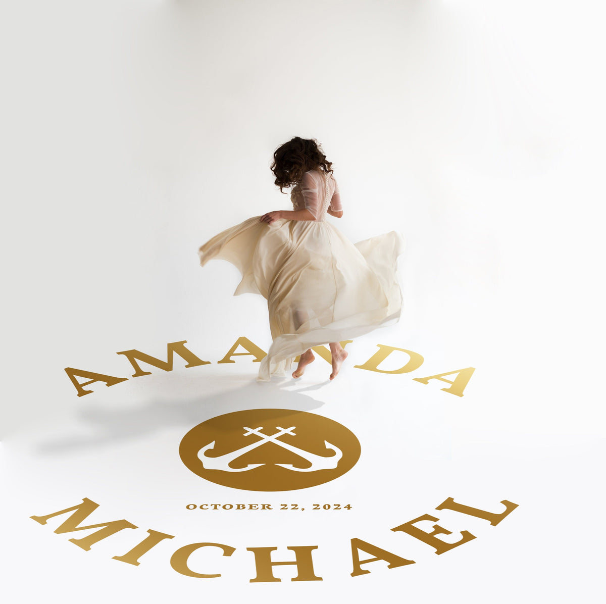Nautical Anchor Names Dance Floor Decal for Wedding in gold on a white wedding dance floor