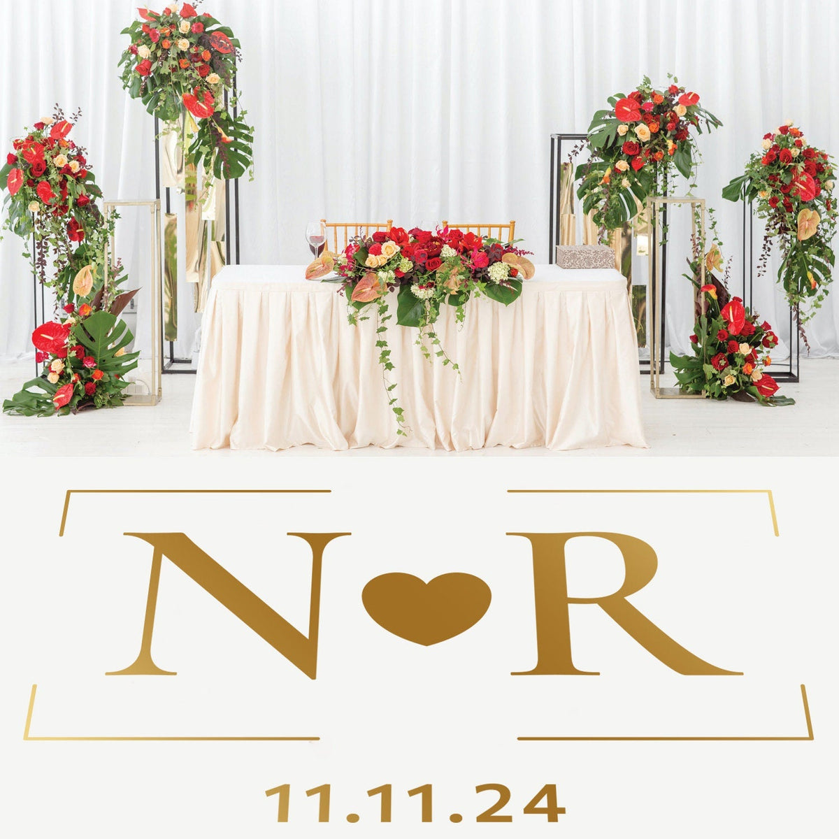 Heart Initials Frame Dance Floor Decal for Wedding shown at a wedding reception
