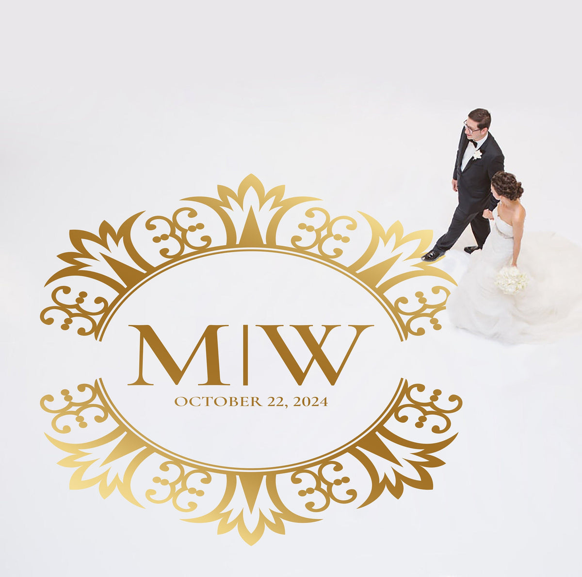 Royal Medallion Monogram Dance Floor Decal for Wedding shown at a wedding reception