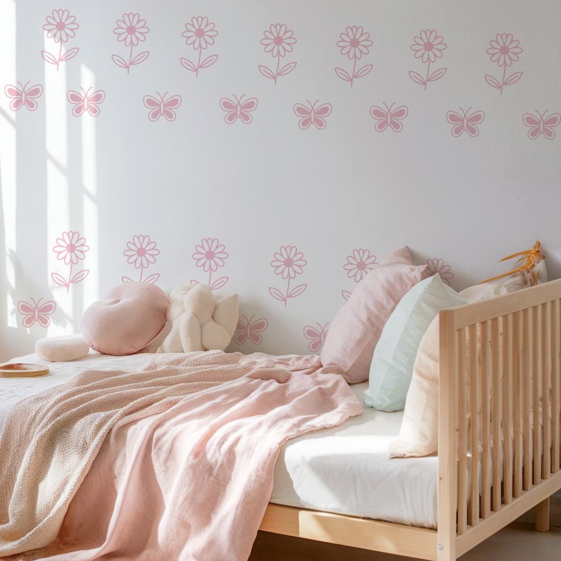 Daisy Flower & Butterfly Wall Decals Set shown in a home interior