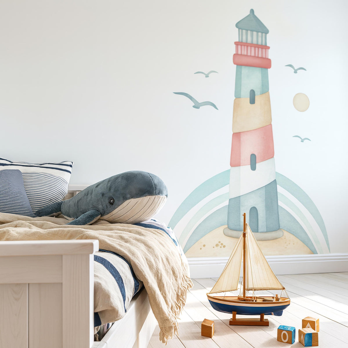 Watercolor Lighthouse Wall Decal styled in a room setting