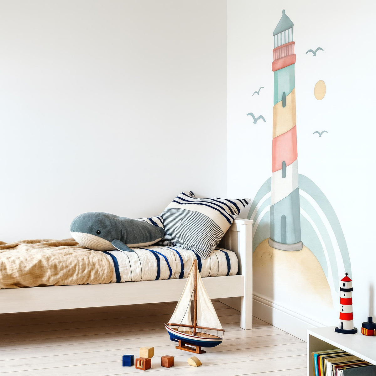 Watercolor Lighthouse Wall Decal arranged on a feature wall