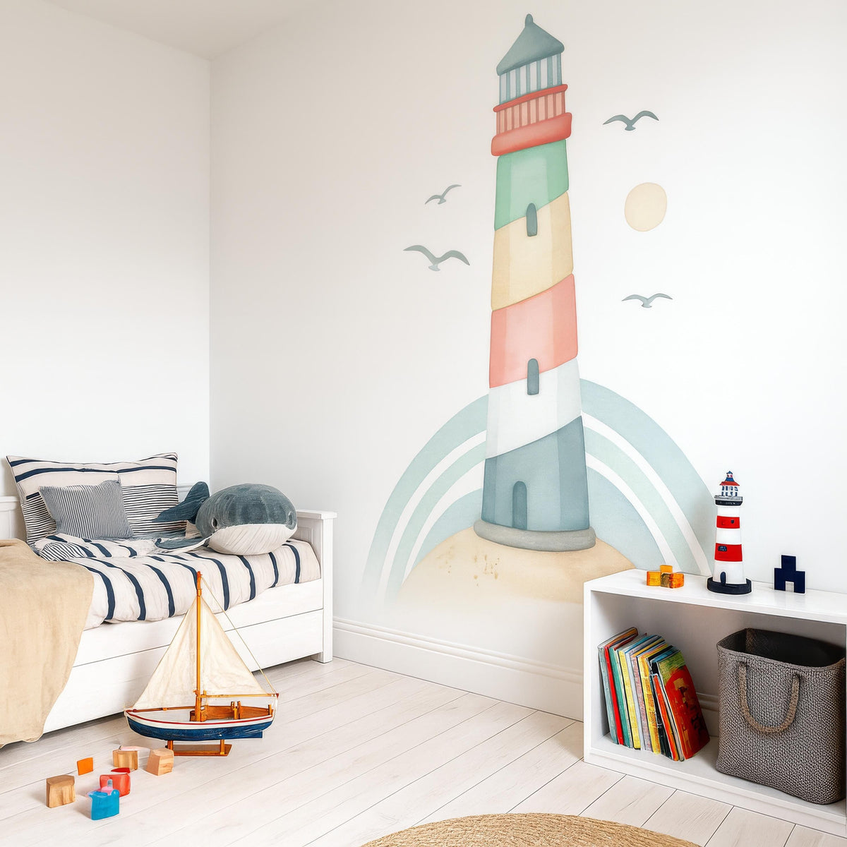 Watercolor Lighthouse Wall Decal displayed in a styled space