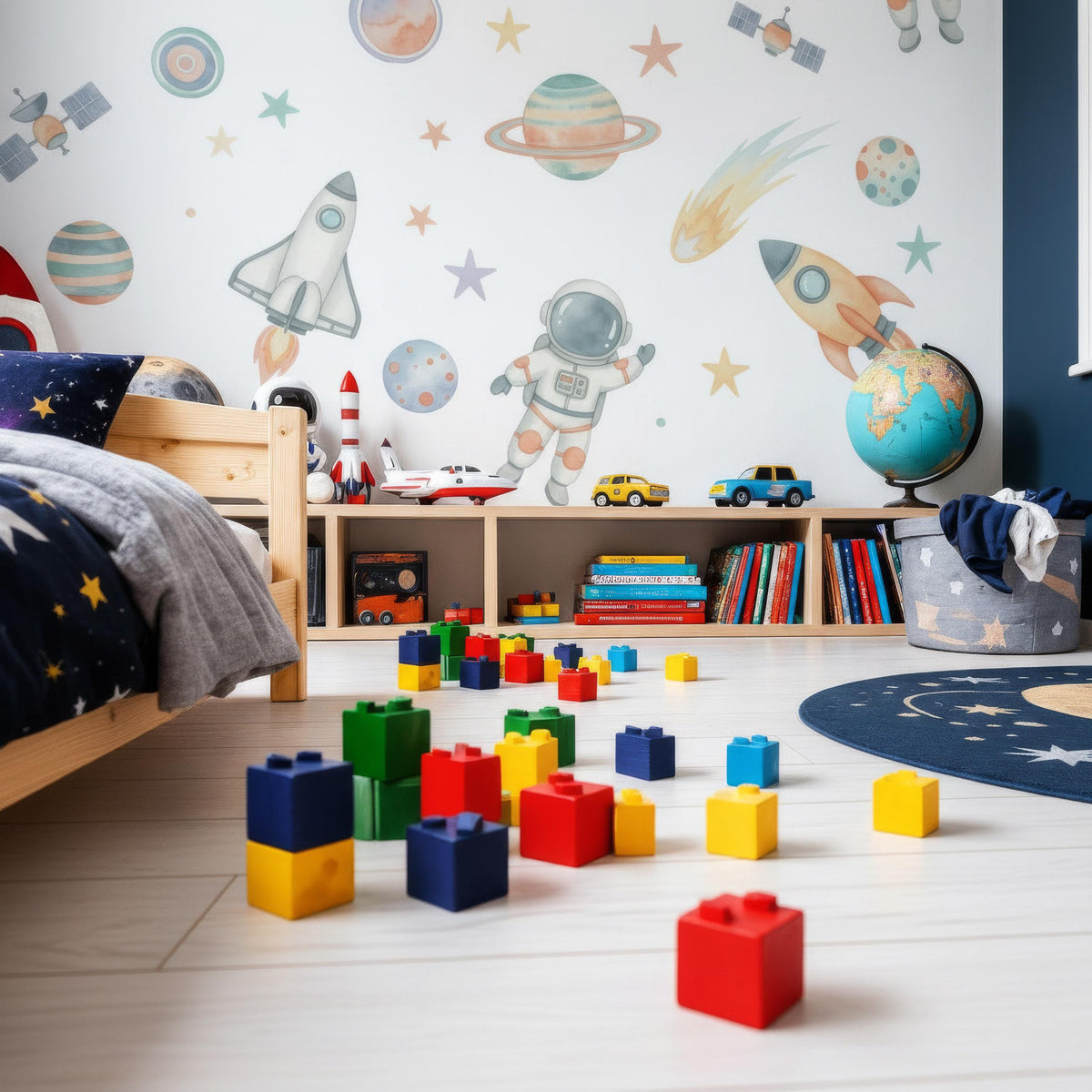 Astronaut Wall Decal Set arranged on a feature wall
