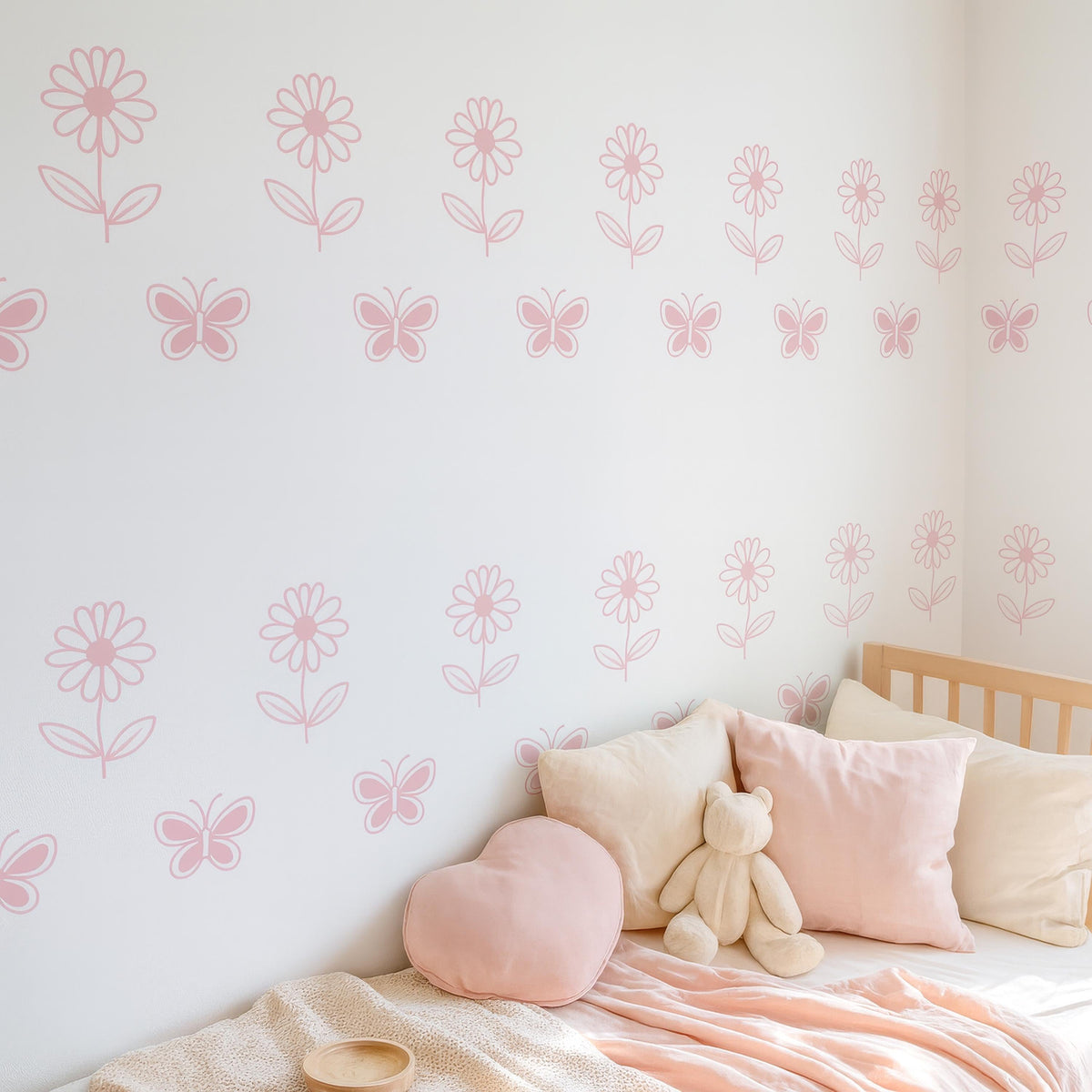 Daisy Flower & Butterfly Wall Decals Set installed on a styled nursery wall