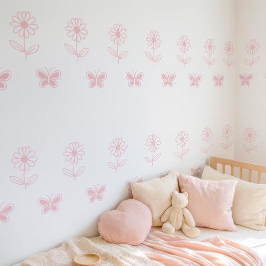Daisy Flower & Butterfly Wall Decals Set installed on a styled nursery wall