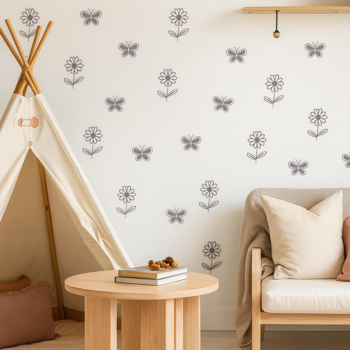 Daisy Flower & Butterfly Wall Decals Set displayed in a styled space