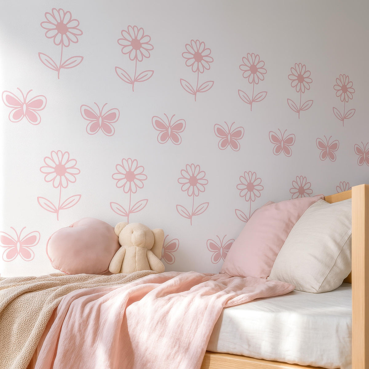 Daisy Flower & Butterfly Wall Decals Set styled in a room setting