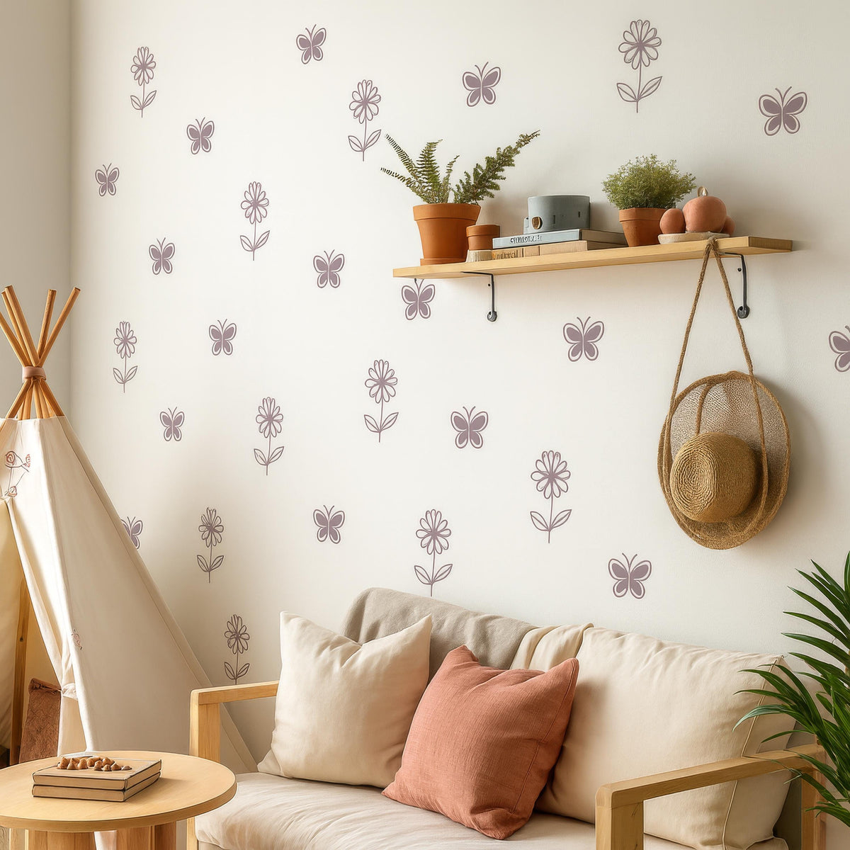 Daisy Flower & Butterfly Wall Decals Set shown in a home interior