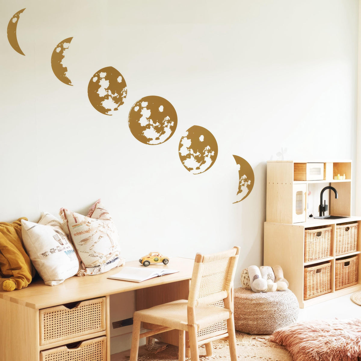 Moon Phase Wall Decal Set displayed in a styled space