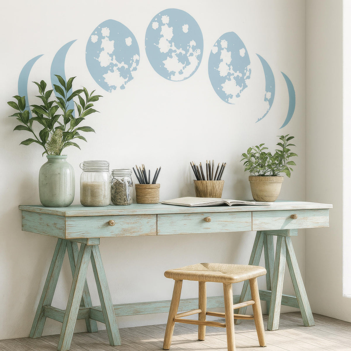 Moon Phase Wall Decal Set arranged on a feature wall