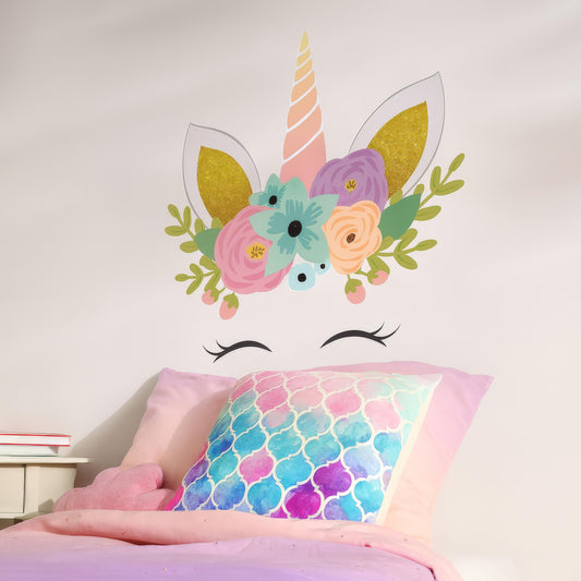 Floral Unicorn Wall Decal for Nursery installed on a styled nursery wall