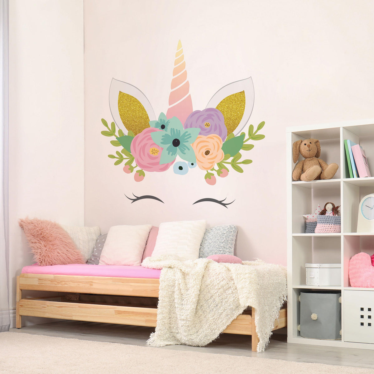 Floral Unicorn Wall Decal for Nursery arranged on a feature wall