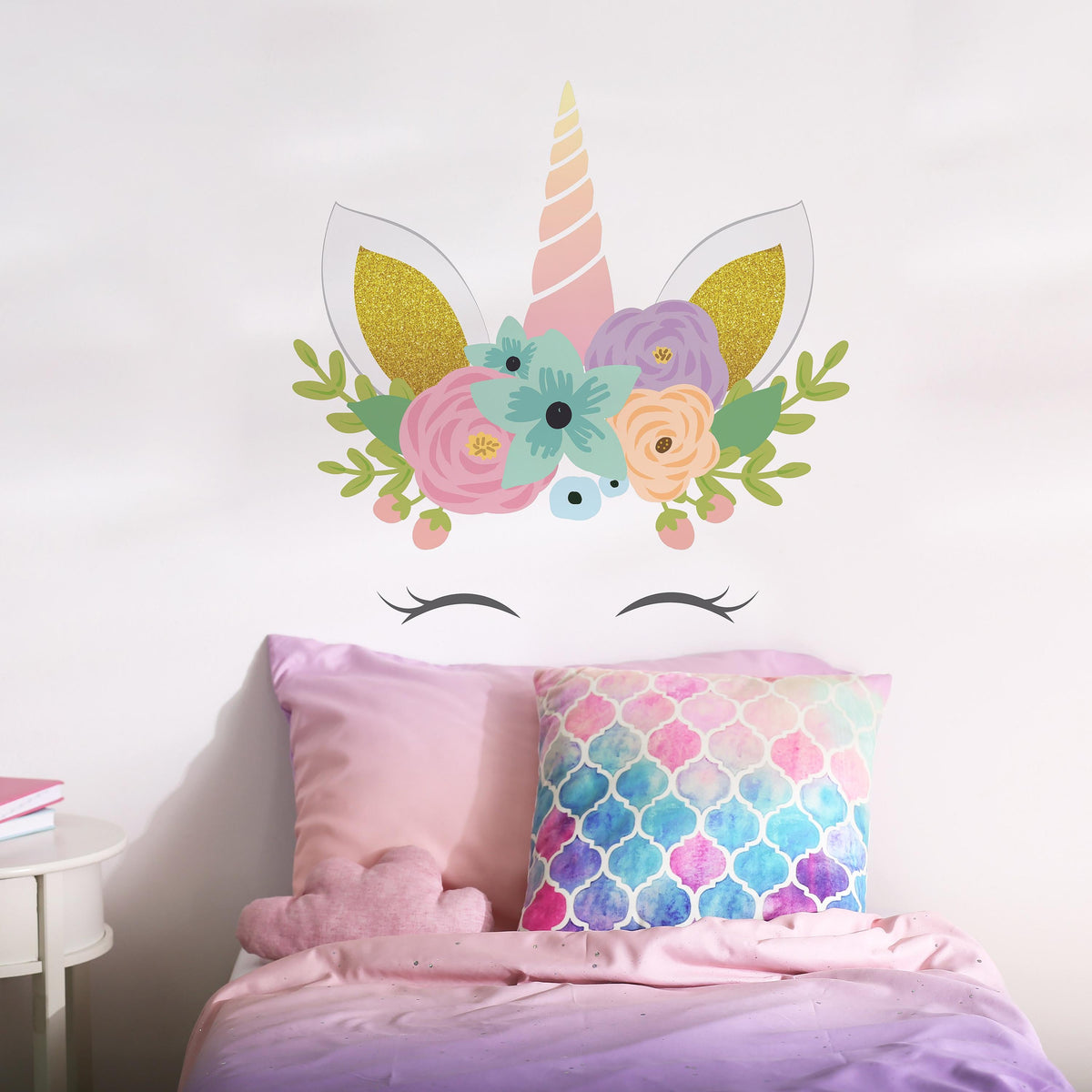 Floral Unicorn Wall Decal for Nursery shown in a home interior