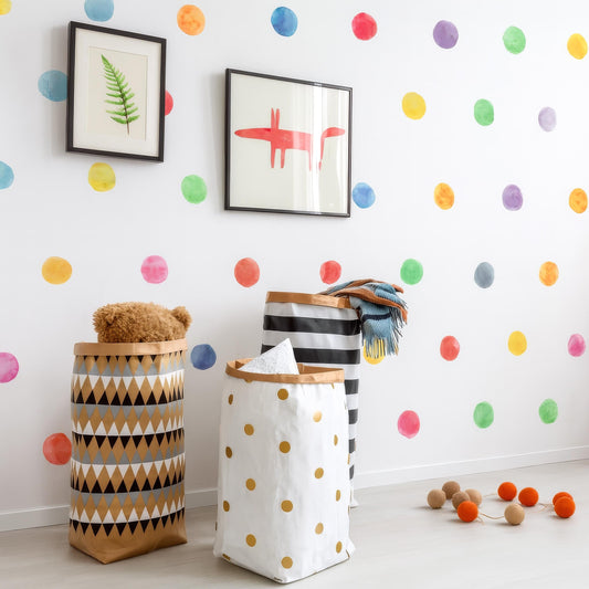 Watercolor Polka Dot Wall Decals installed on a styled nursery wall