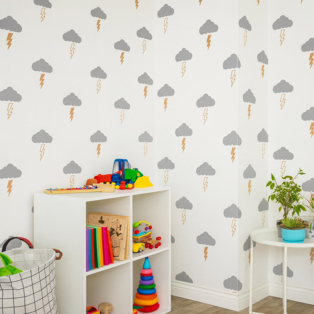 Lightning Bolts & Clouds Wall Decals (48/96) installed on a styled nursery wall