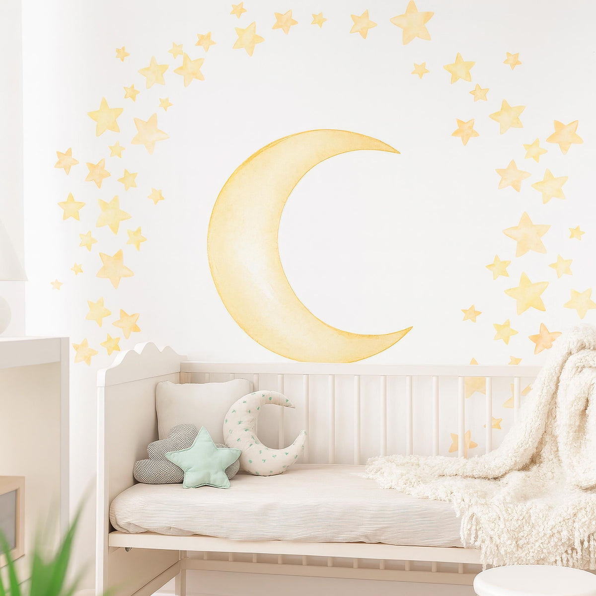 Watercolor Moon & Stars Wall Decals styled in a room setting