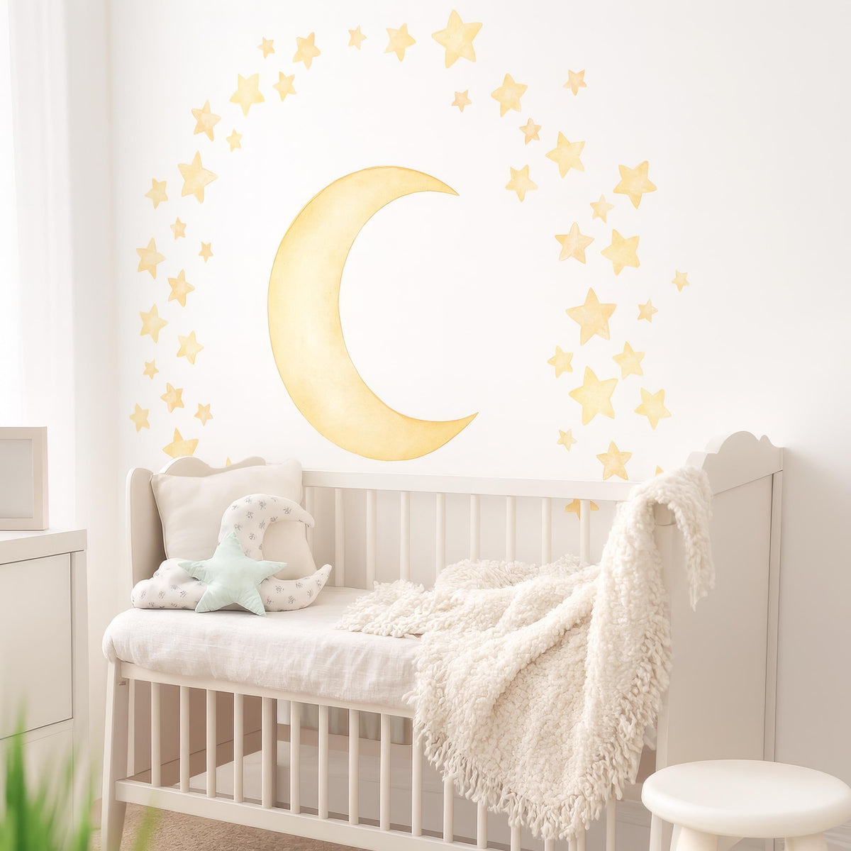 Watercolor Moon & Stars Wall Decals shown in a home interior