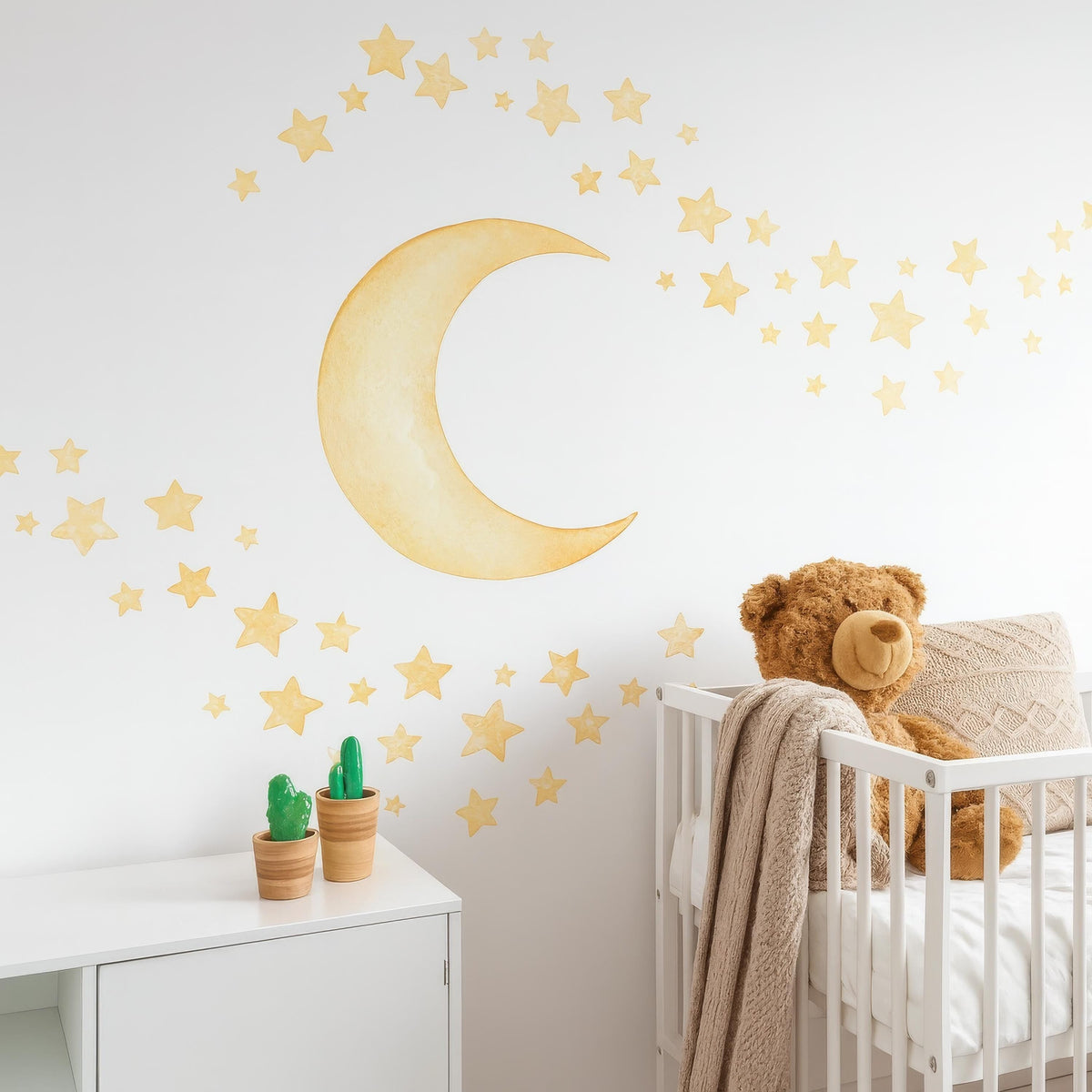 Watercolor Moon & Stars Wall Decals arranged on a feature wall