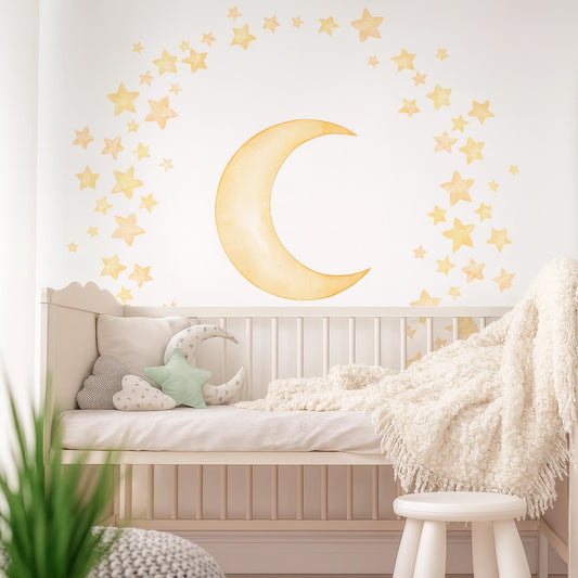 Watercolor Moon & Stars Wall Decals installed on a styled nursery wall