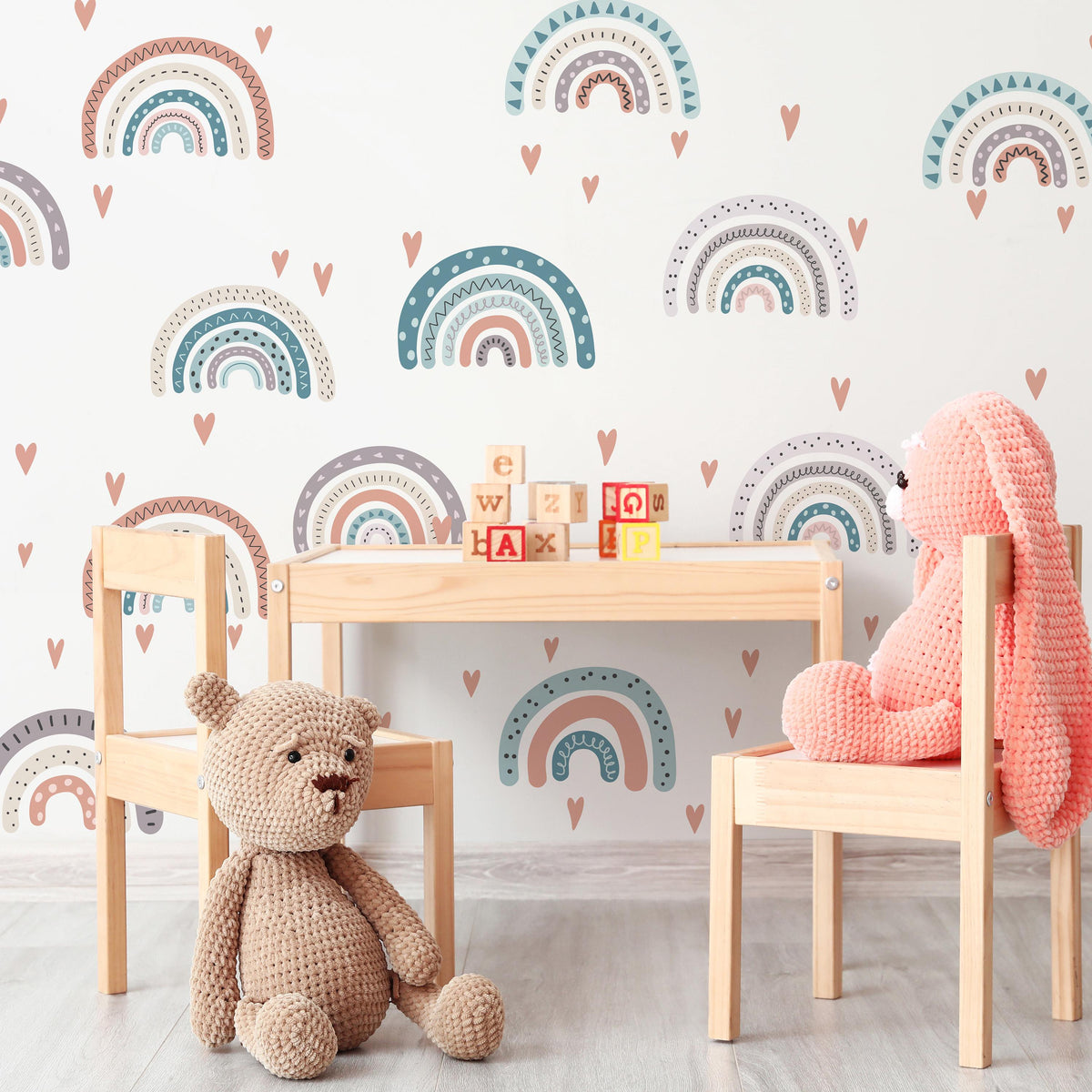 Boho Rainbow Wall Decals arranged on a feature wall