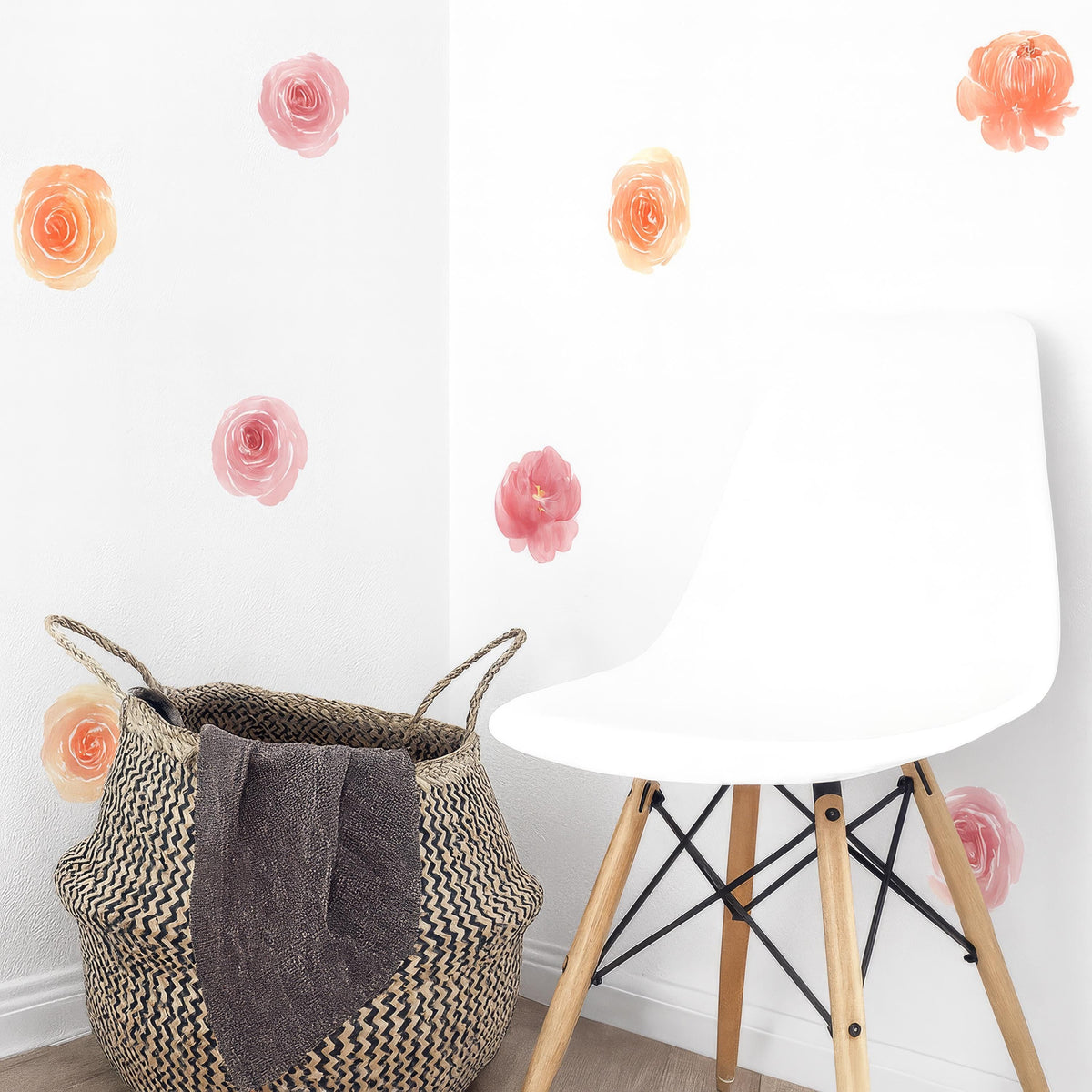 Watercolor Peony Wall Decals installed on a styled nursery wall