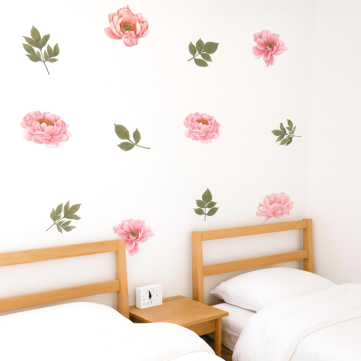 Pink Peony Wall Decals displayed in a styled space