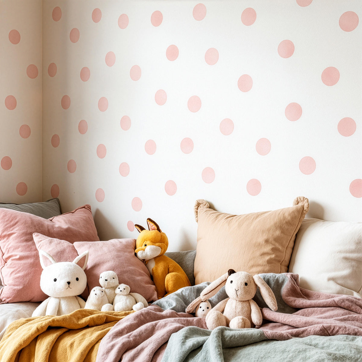 Close-up detail of pink watercolor polka dot wall decals (2 inch dots) matte vinyl finish