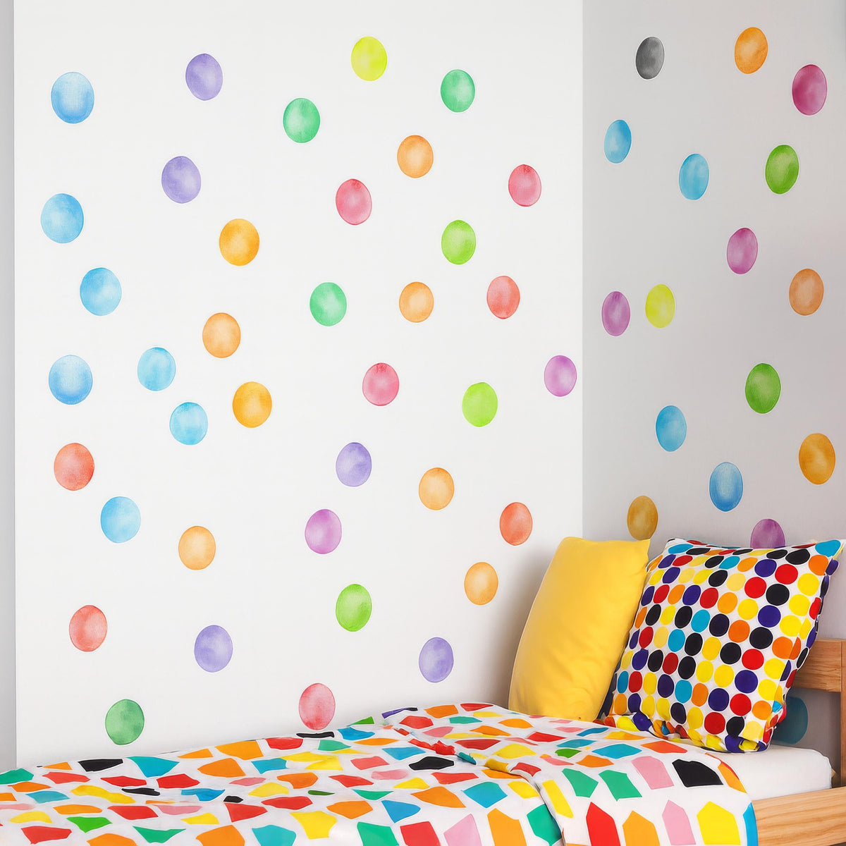 Rainbow Watercolor Polka Dot Wall Decals (3 Inch Dots) styled in a room setting