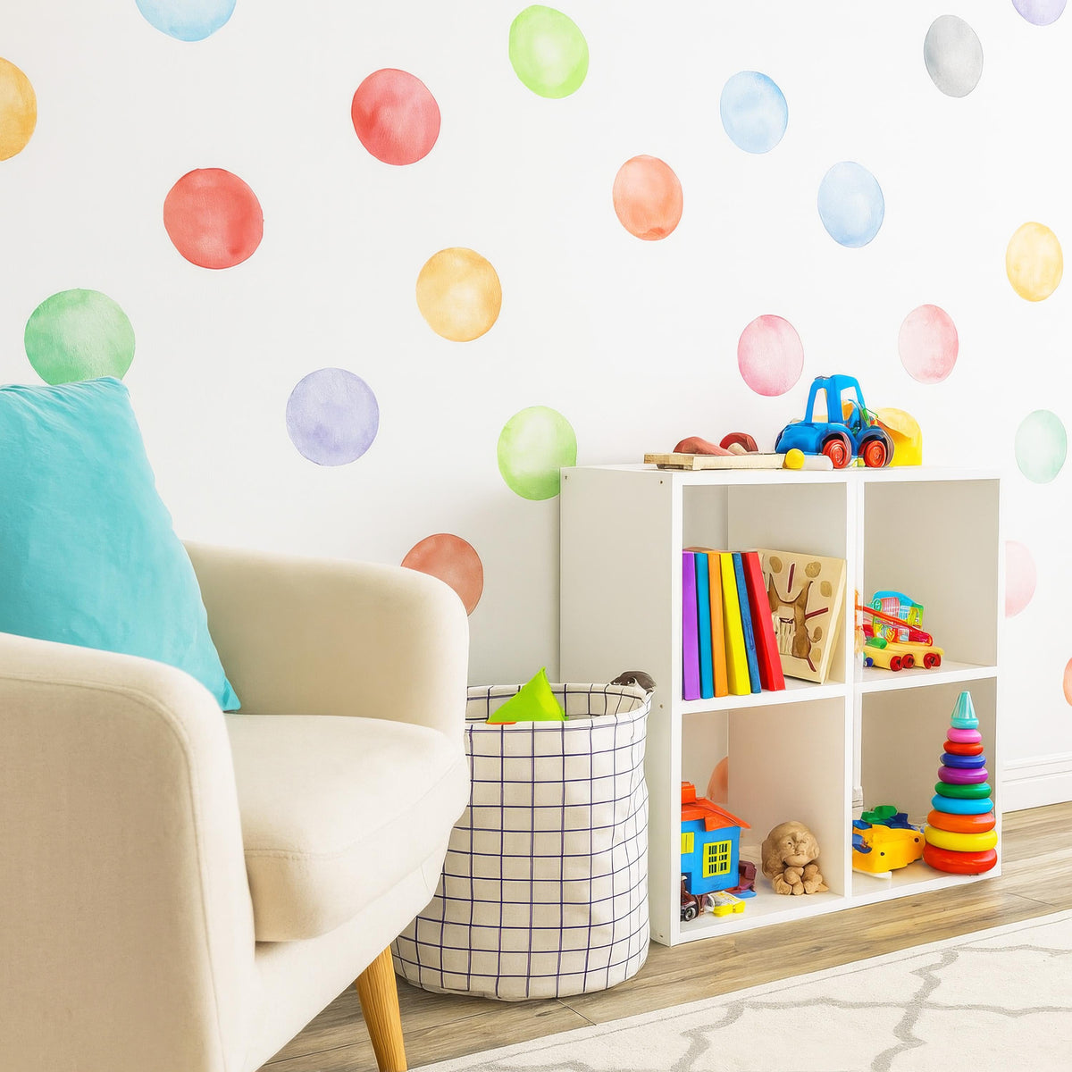 Rainbow Watercolor Polka Dot Wall Decals (3 Inch Dots) displayed in a styled space