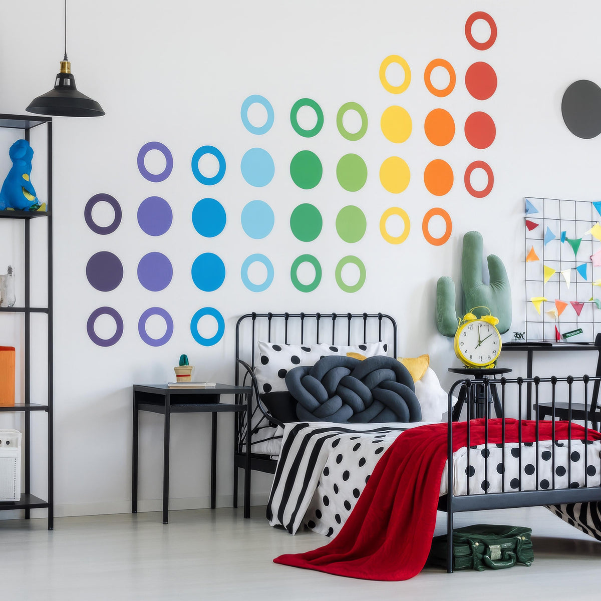 Large Polka Dot Wall Decals 7 Inch (36 Dots) arranged on a feature wall